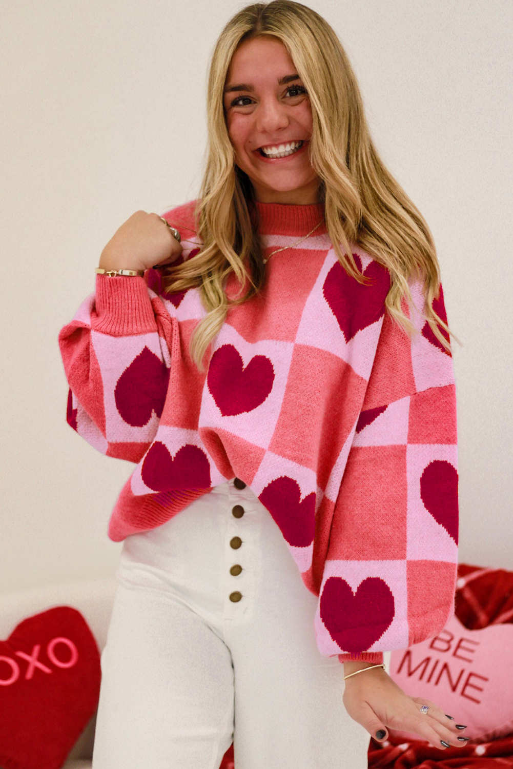 Heart Block Mock Neck Lantern Sleeve Sweater in Pink – Women’s Plus Size - Image 4