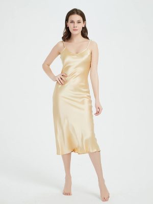 Elegant V-Neck Midi Silk Nightgown Bias-Cut Mulberry Silk Slip Dress LSP032