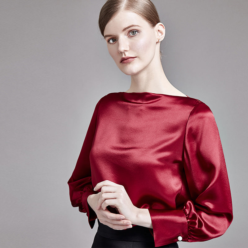 22 Momme Women Elegant Boat Neck Silk Blouse with Balloon Sleeves - Image 8