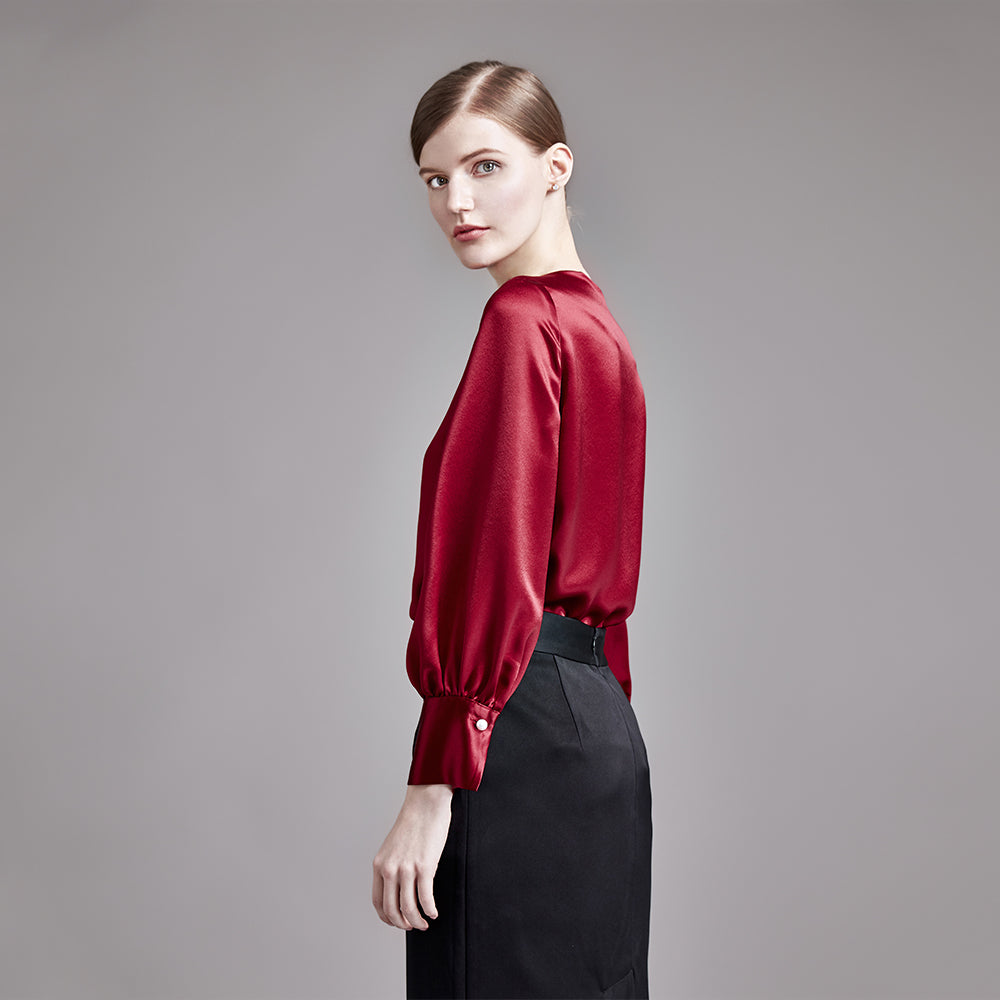 22 Momme Women Elegant Boat Neck Silk Blouse with Balloon Sleeves - Image 10