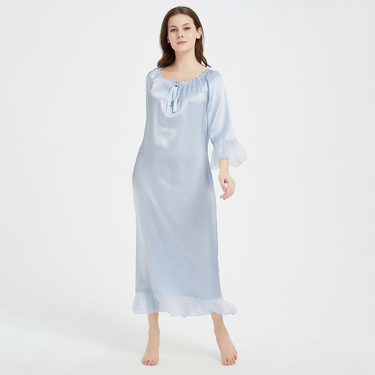 Long Sleeve Retro-Style Ankle-Length Silk Nightgown with Ruffles LSP033 - Image 11