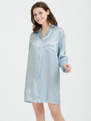 Long Sleeve Button-Up Mulberry Silk Nightshirt for Women LSP036