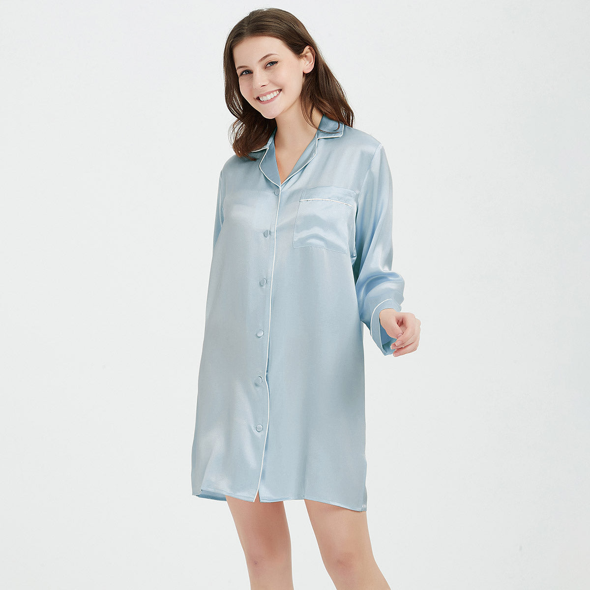 Long Sleeve Button-Up Mulberry Silk Nightshirt for Women LSP036