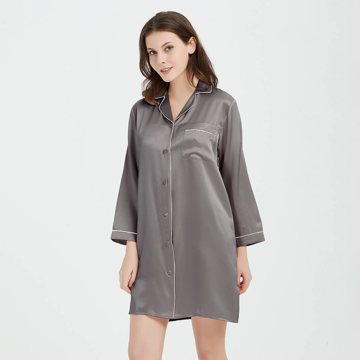 Long Sleeve Button-Up Mulberry Silk Nightshirt for Women LSP036 - Image 8