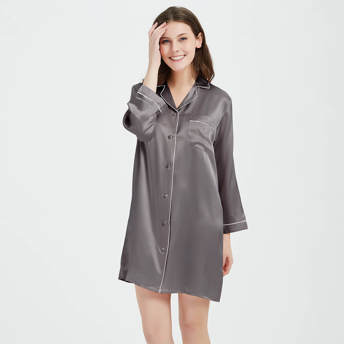 Long Sleeve Button-Up Mulberry Silk Nightshirt for Women LSP036 - Image 7