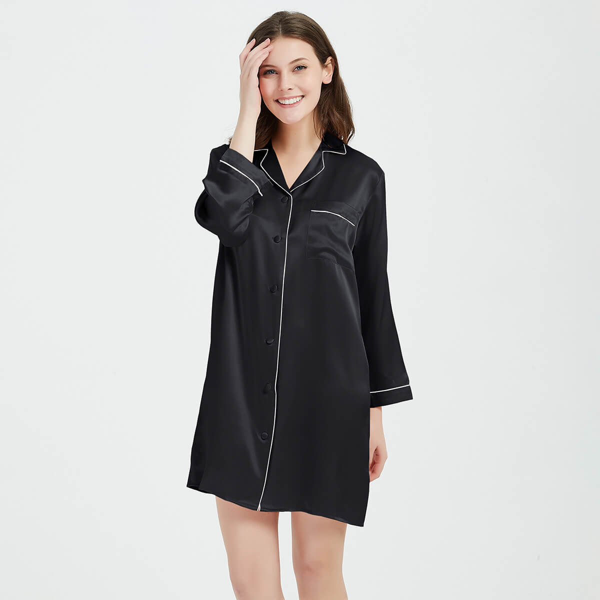 Long Sleeve Button-Up Mulberry Silk Nightshirt for Women LSP036 - Image 11