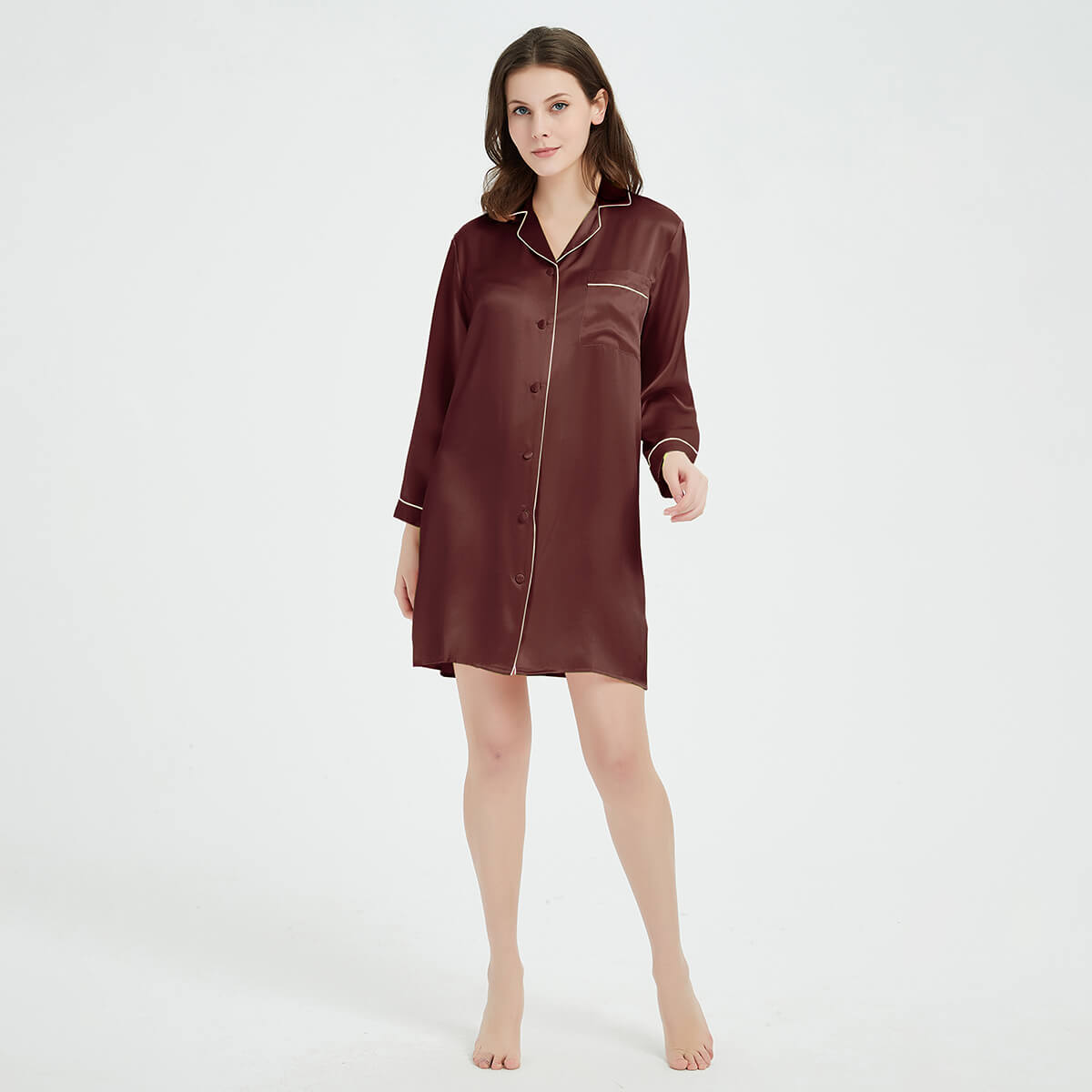 Long Sleeve Button-Up Mulberry Silk Nightshirt for Women LSP036 - Image 19
