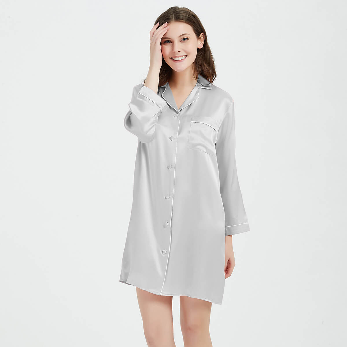 Long Sleeve Button-Up Mulberry Silk Nightshirt for Women LSP036 - Image 20