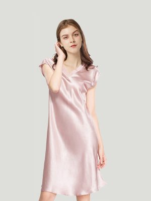 Simple V-Neck Cap Sleeve Mulberry Silk Nightgown  LSP009