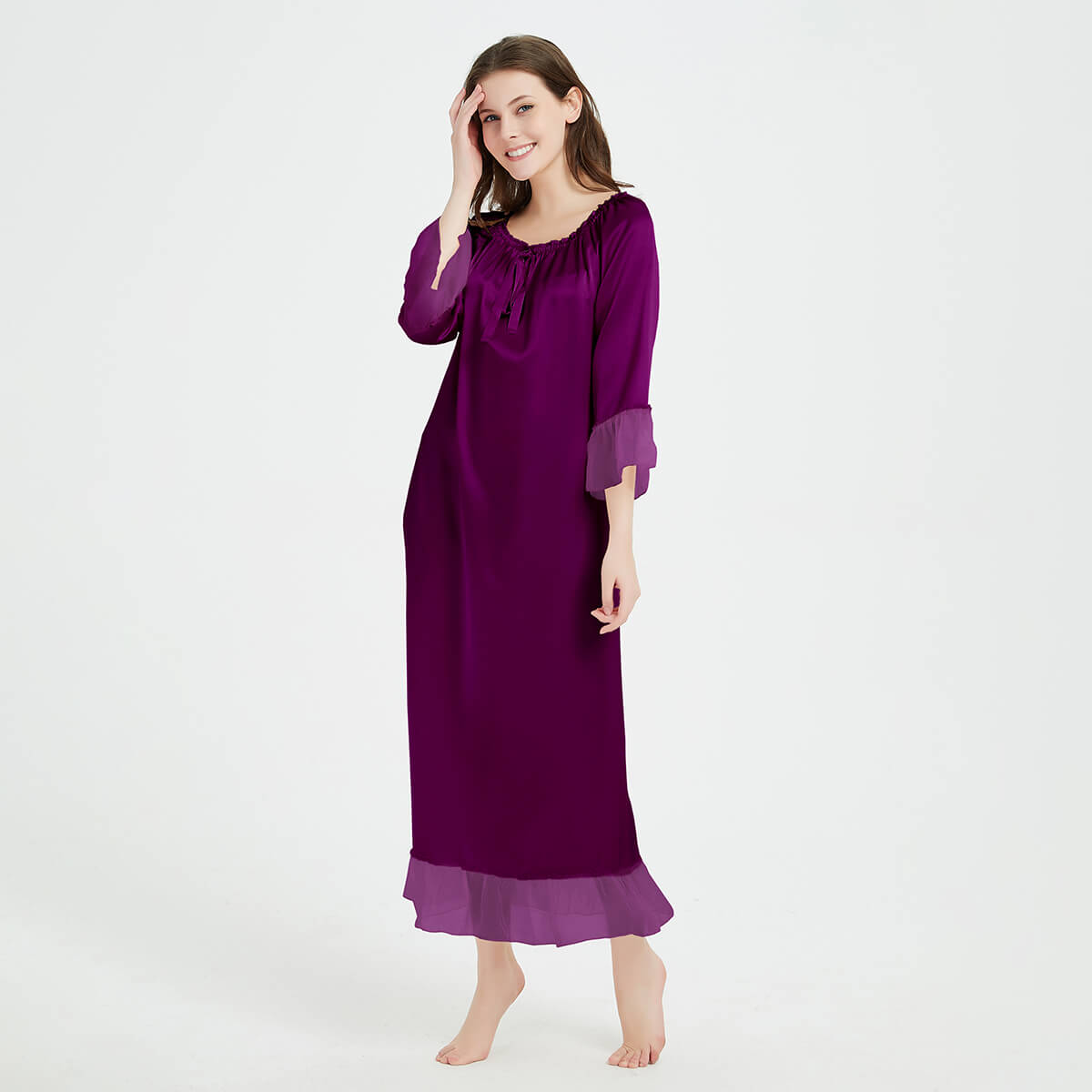 Long Sleeve Retro-Style Ankle-Length Silk Nightgown with Ruffles LSP033 - Image 10