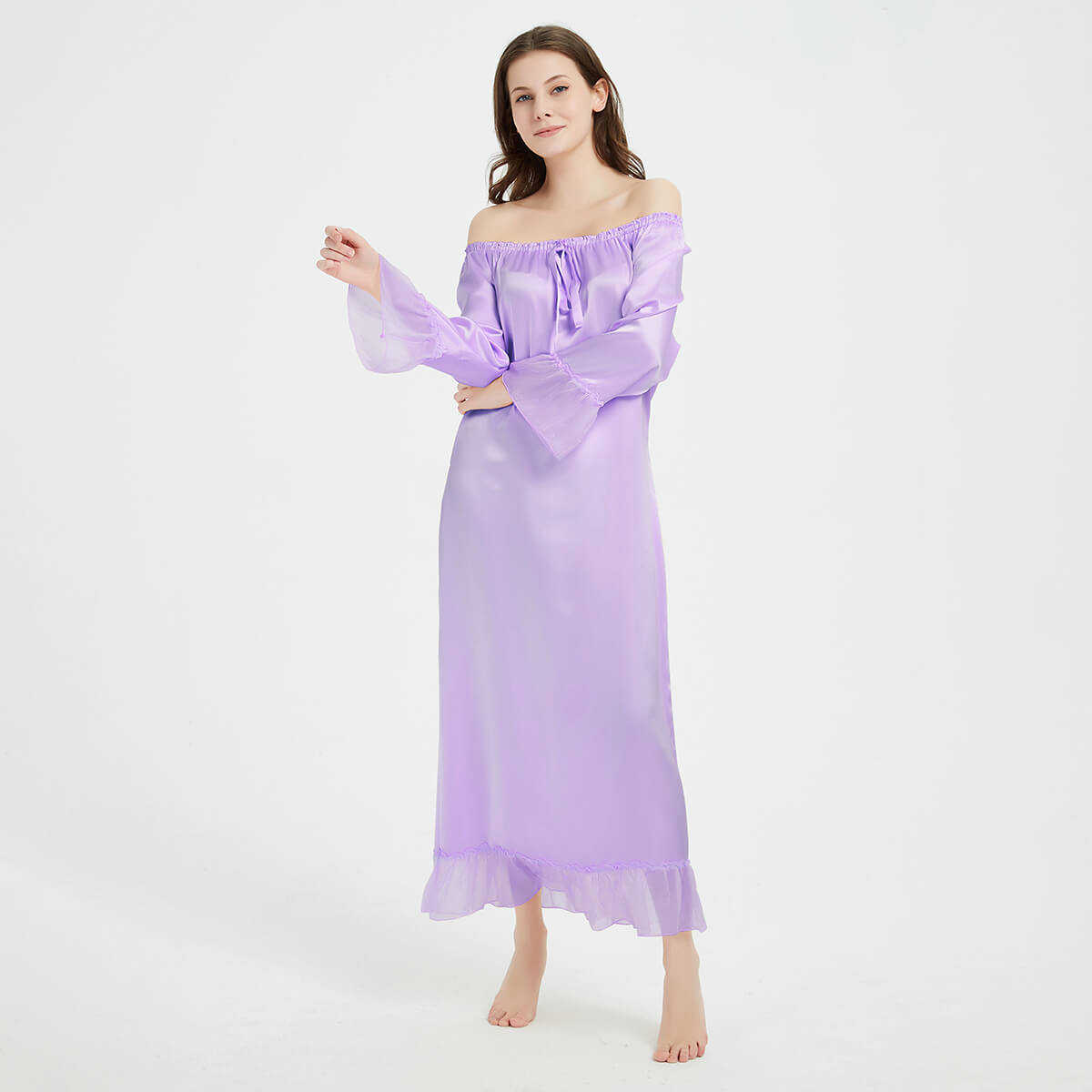 Long Sleeve Retro-Style Ankle-Length Silk Nightgown with Ruffles LSP033 - Image 8