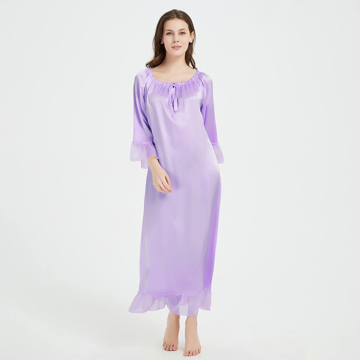 Long Sleeve Retro-Style Ankle-Length Silk Nightgown with Ruffles LSP033 - Image 9