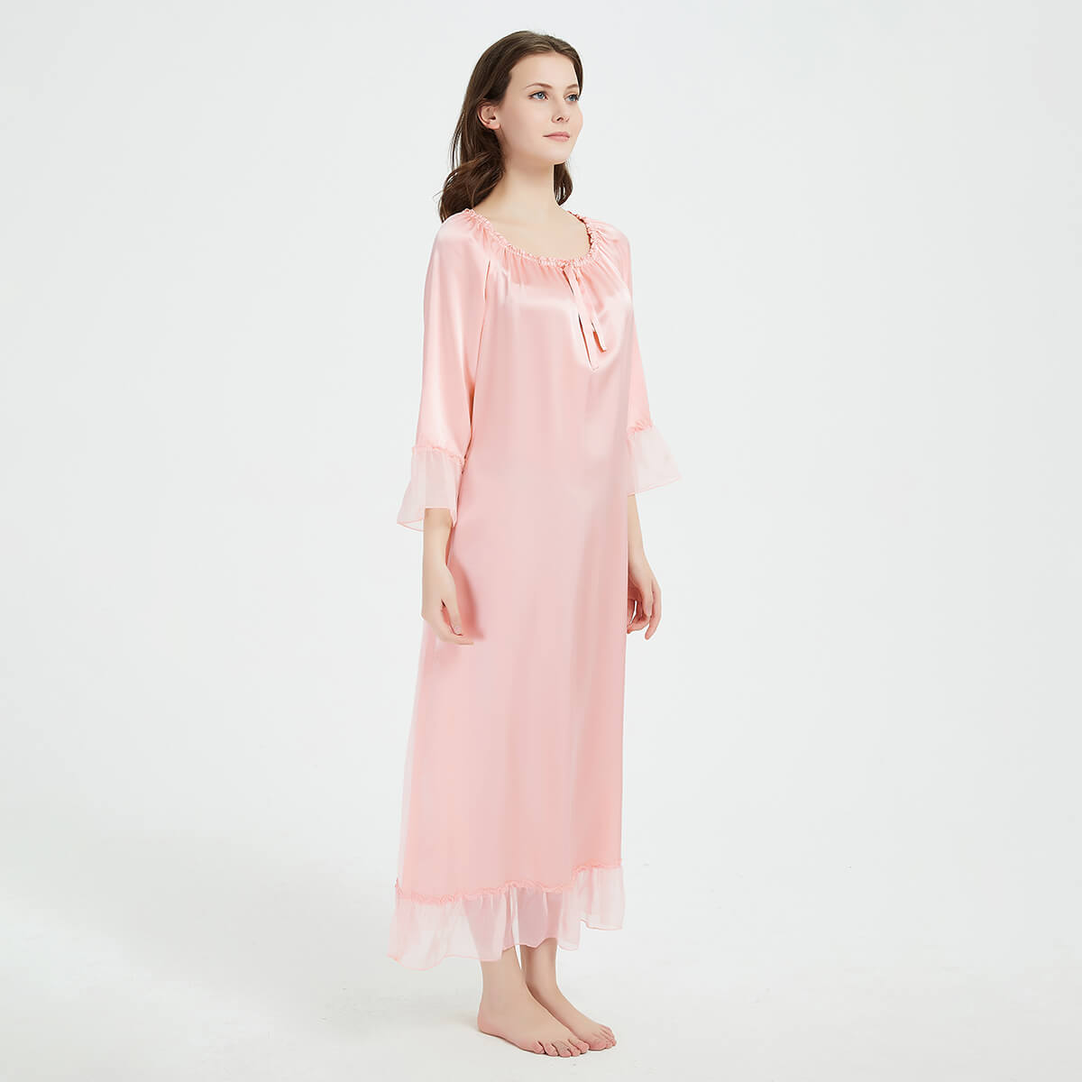 Long Sleeve Retro-Style Ankle-Length Silk Nightgown with Ruffles LSP033 - Image 5