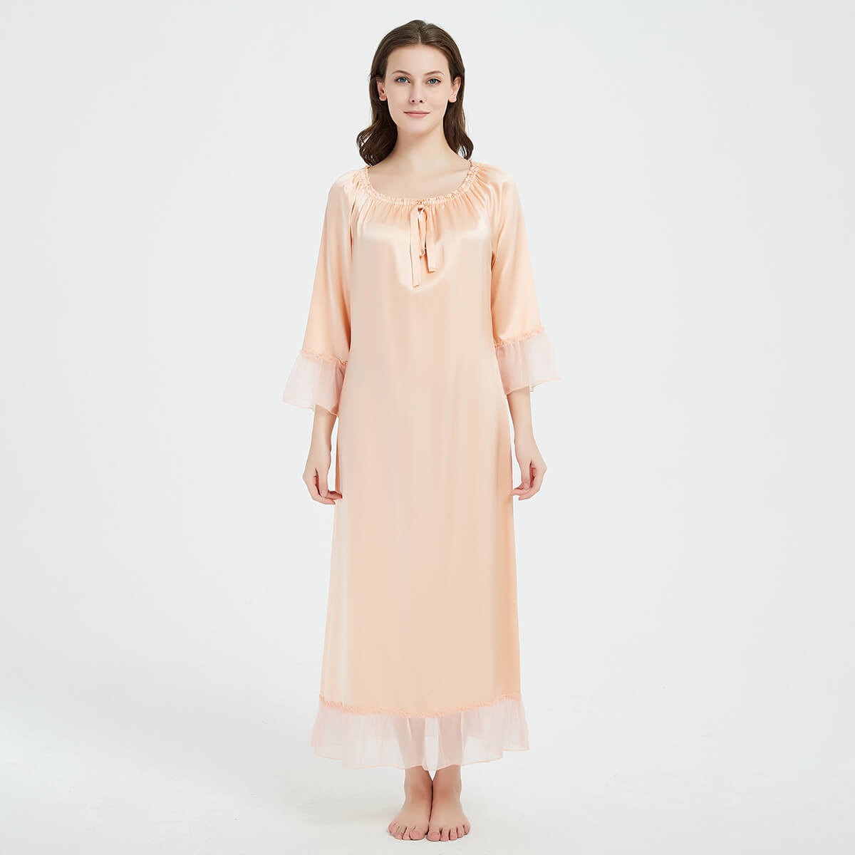 Long Sleeve Retro-Style Ankle-Length Silk Nightgown with Ruffles LSP033 - Image 2