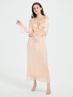 Long Sleeve Retro-Style Ankle-Length Silk Nightgown with Ruffles LSP033