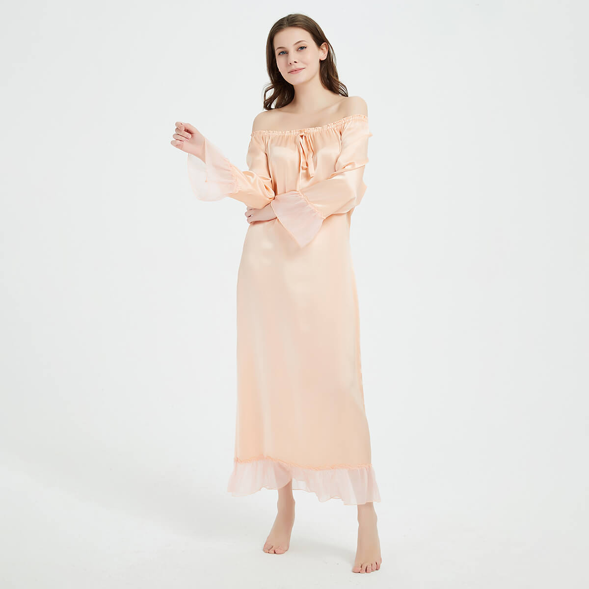Long Sleeve Retro-Style Ankle-Length Silk Nightgown with Ruffles LSP033