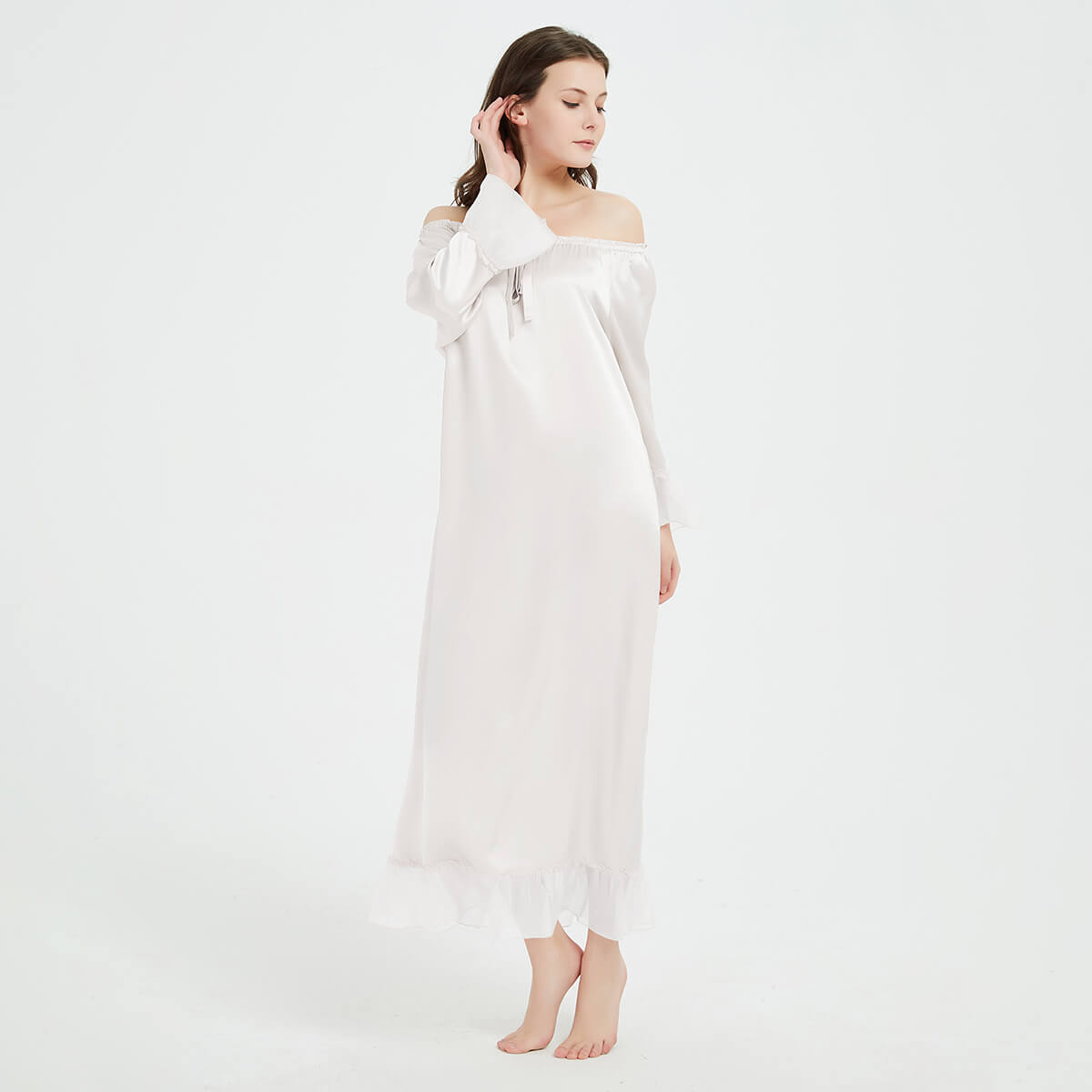 Long Sleeve Retro-Style Ankle-Length Silk Nightgown with Ruffles LSP033 - Image 7