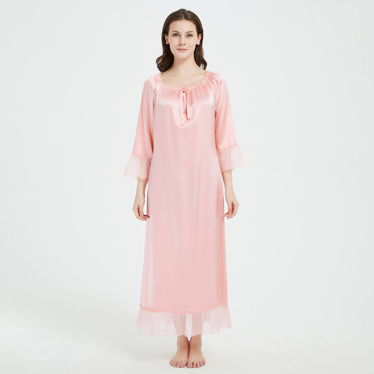Long Sleeve Retro-Style Ankle-Length Silk Nightgown with Ruffles LSP033 - Image 3