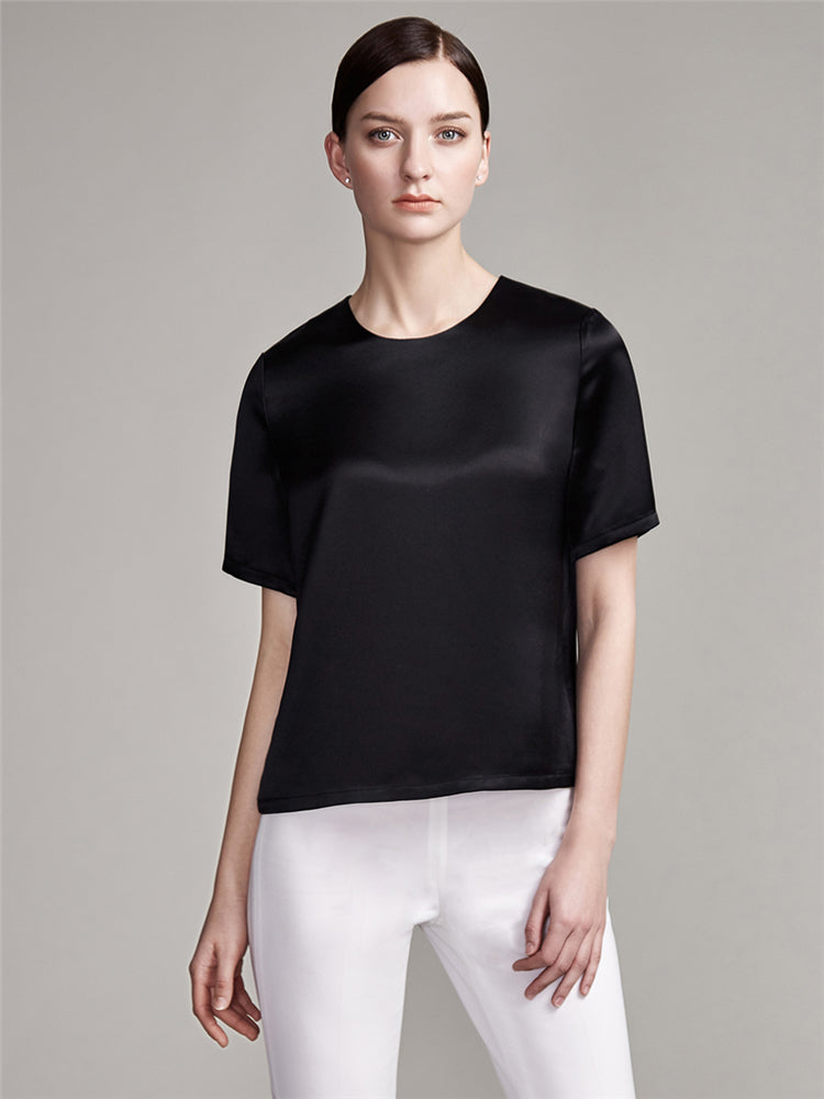 22 Momme Women's Round Neck Basic Silk T-Shirt - Image 13