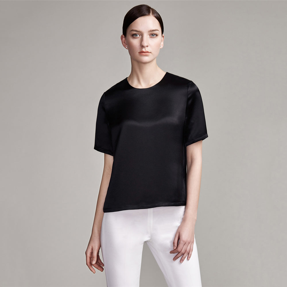 22 Momme Women's Round Neck Basic Silk T-Shirt - Image 11