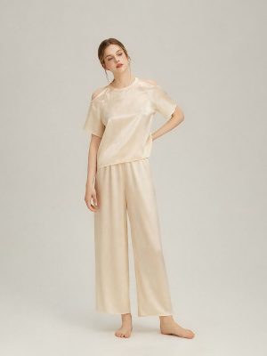 Cold-Shoulder Crew Neck Silk Pajama Set for Women LSP049
