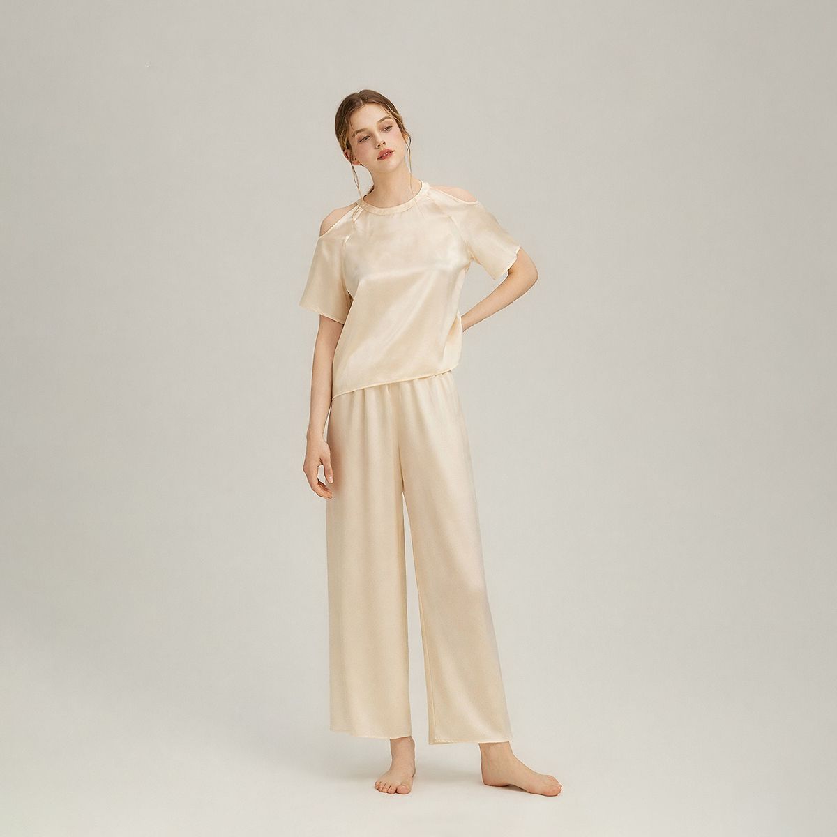 Cold-Shoulder Crew Neck Silk Pajama Set for Women LSP049
