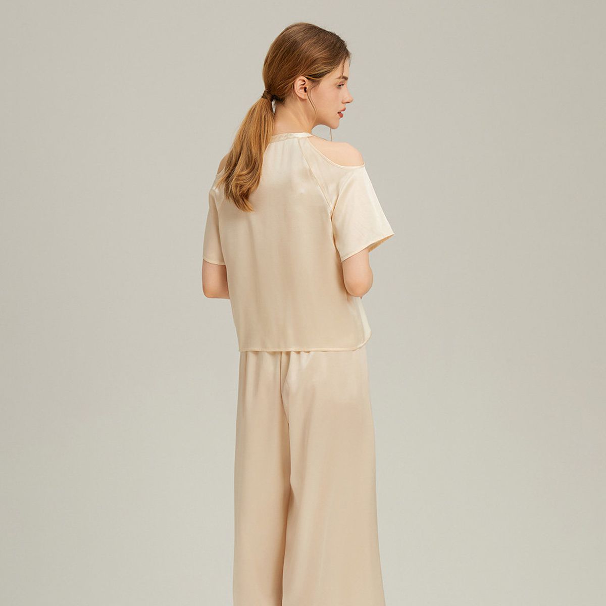 Cold-Shoulder Crew Neck Silk Pajama Set for Women LSP049 - Image 6