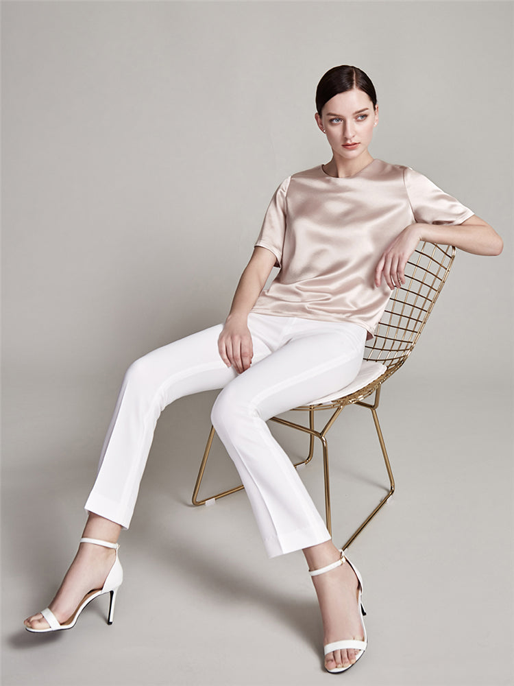 22 Momme Women's Round Neck Basic Silk T-Shirt - Image 4