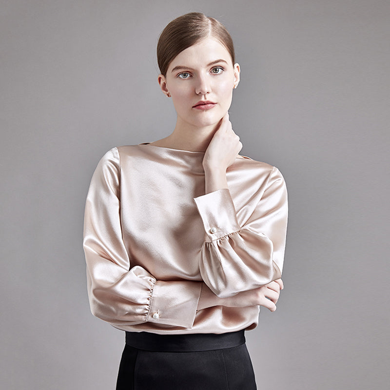 22 Momme Women Elegant Boat Neck Silk Blouse with Balloon Sleeves - Image 6