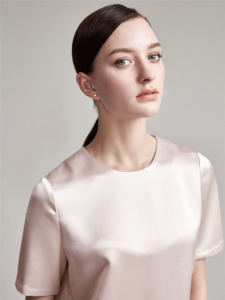 22 Momme Women's Round Neck Basic Silk T-Shirt - Image 2