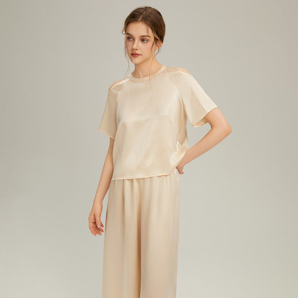 Cold-Shoulder Crew Neck Silk Pajama Set for Women LSP049 - Image 7