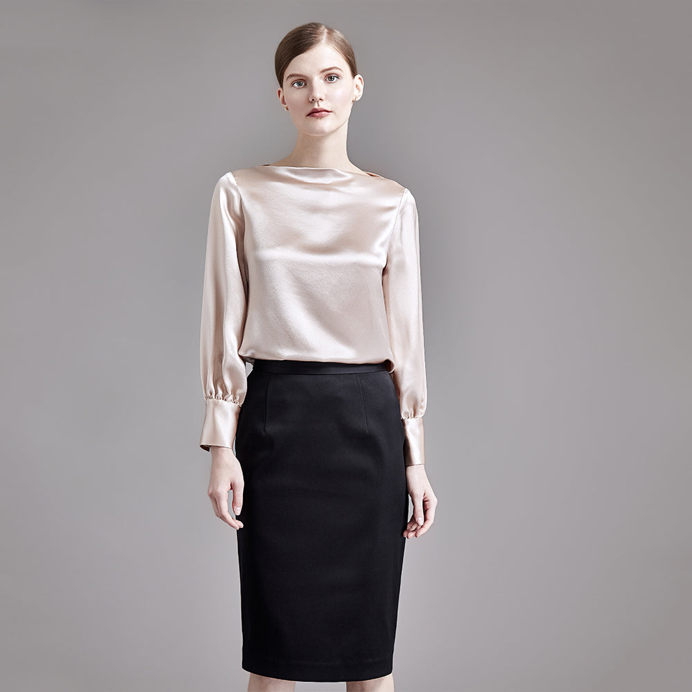 22 Momme Women Elegant Boat Neck Silk Blouse with Balloon Sleeves - Image 7