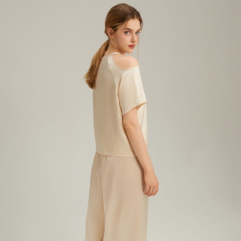 Cold-Shoulder Crew Neck Silk Pajama Set for Women LSP049 - Image 8