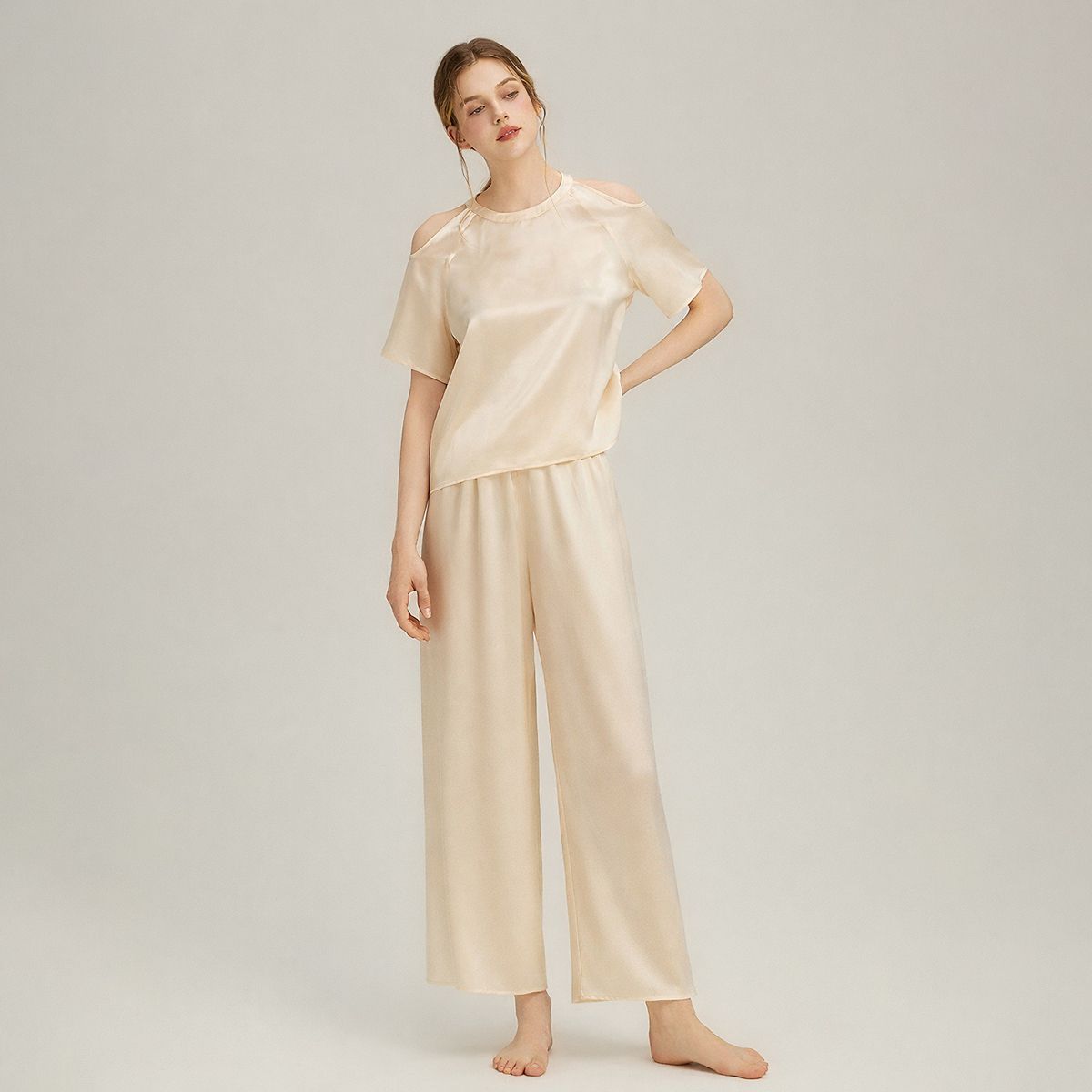 Cold-Shoulder Crew Neck Silk Pajama Set for Women LSP049 - Image 4