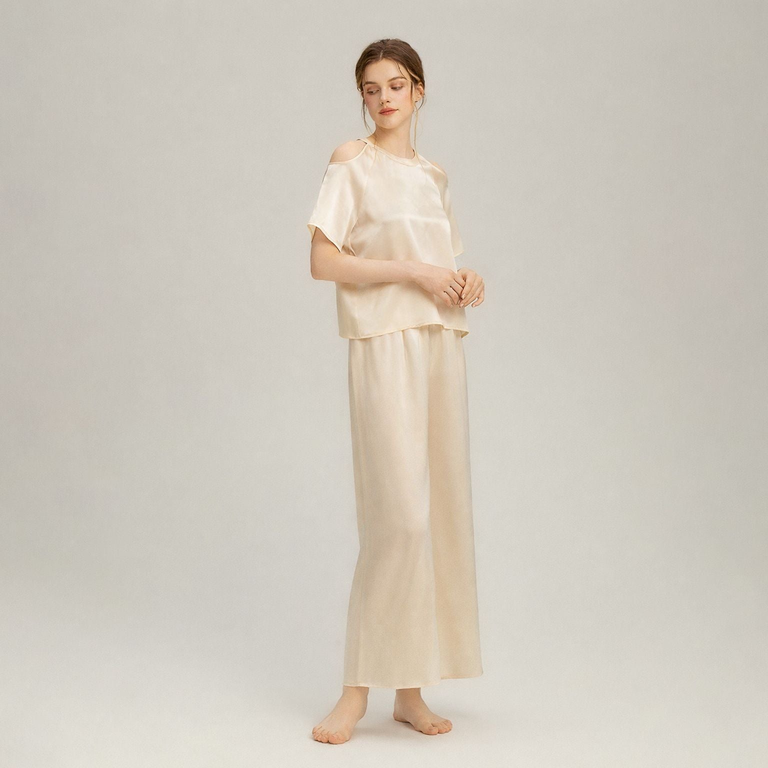 Cold-Shoulder Crew Neck Silk Pajama Set for Women LSP049 - Image 2