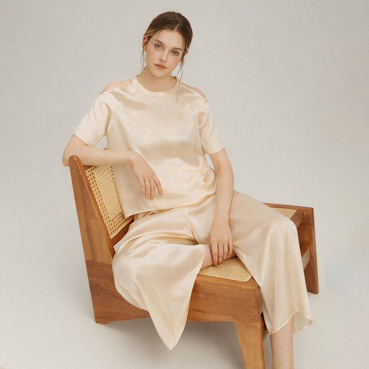 Cold-Shoulder Crew Neck Silk Pajama Set for Women LSP049 - Image 5