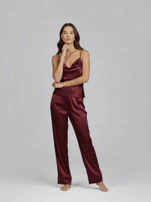 Cowl-Neck Silk Camisole Top & Long Pajama Pants Set for Women LSP044