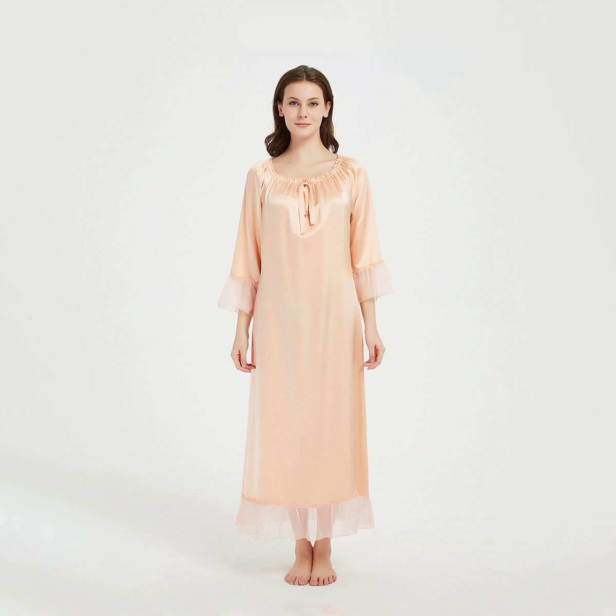 Long Sleeve Retro-Style Ankle-Length Silk Nightgown with Ruffles LSP033 - Image 12