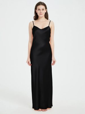 Floor-Length V-Neck Pure Mulberry Silk Slip Dress Maxi Nightgown LSP015