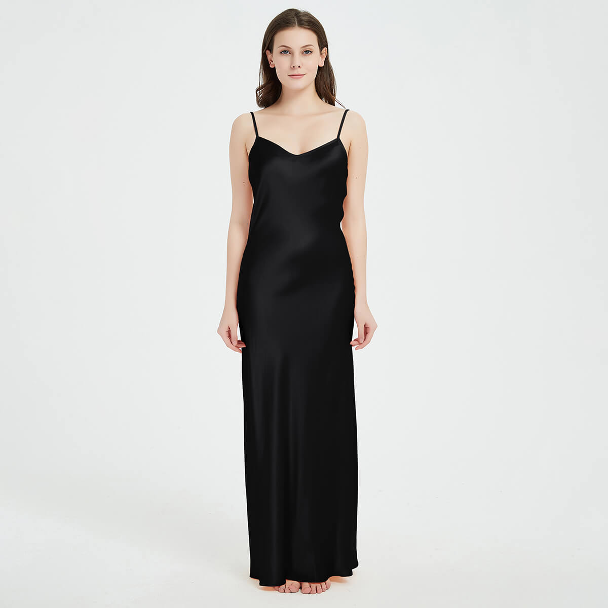 Floor-Length V-Neck Pure Mulberry Silk Slip Dress Maxi Nightgown LSP015