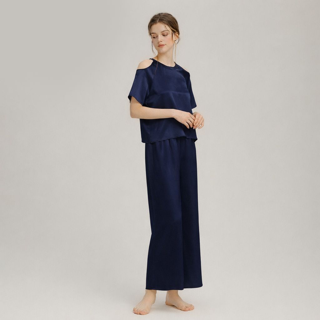 Cold-Shoulder Crew Neck Silk Pajama Set for Women LSP049 - Image 9