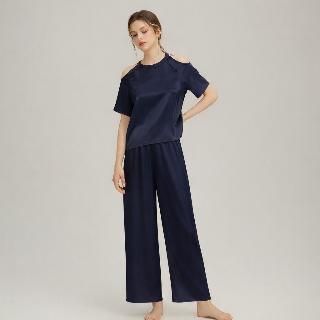 Cold-Shoulder Crew Neck Silk Pajama Set for Women LSP049 - Image 10
