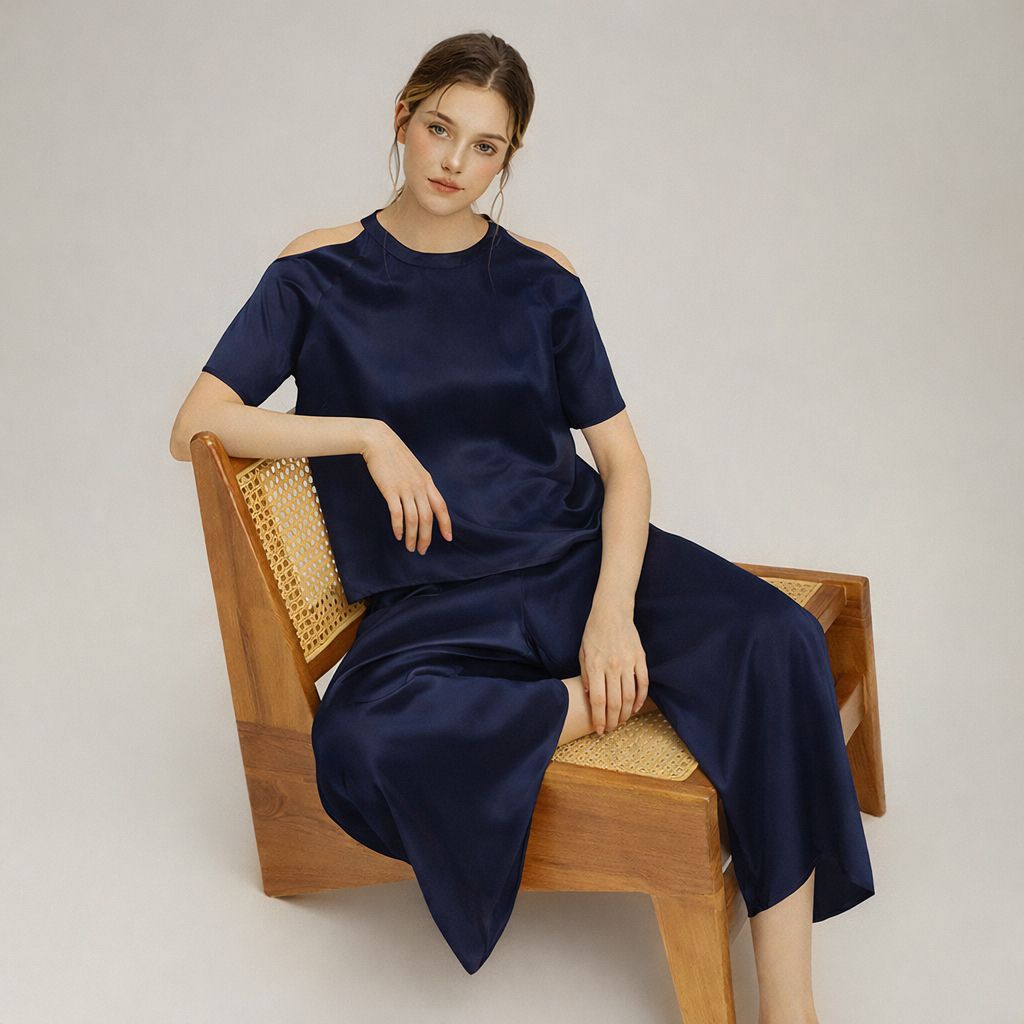 Cold-Shoulder Crew Neck Silk Pajama Set for Women LSP049 - Image 11