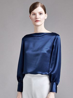 22 Momme Women Elegant Boat Neck Silk Blouse with Balloon Sleeves