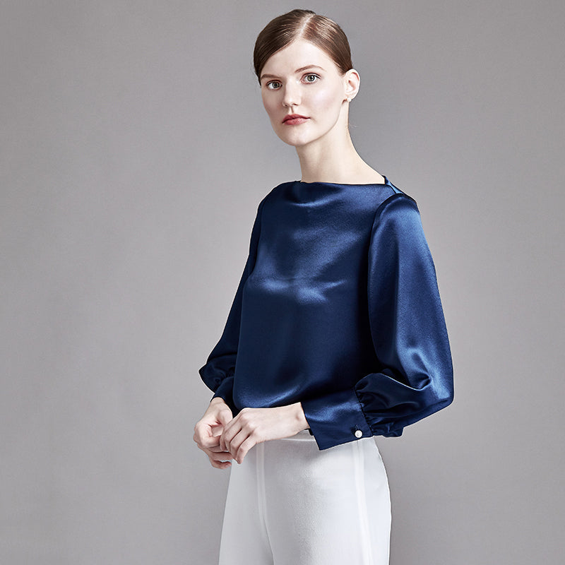 22 Momme Women Elegant Boat Neck Silk Blouse with Balloon Sleeves - Image 2