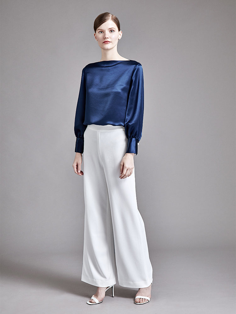 22 Momme Women Elegant Boat Neck Silk Blouse with Balloon Sleeves - Image 3