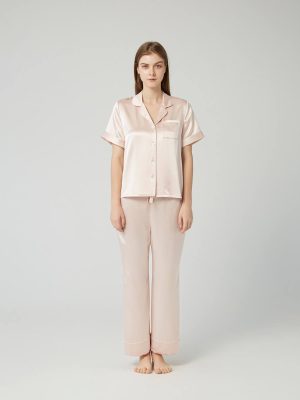 Short-Sleeved Pure Mulberry Silk Pajama Pants Set for Women LSP003
