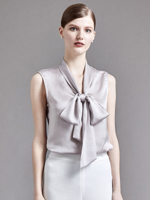 22 Momme Women Elegant Tie-Neck Sleeveless Silk Blouse