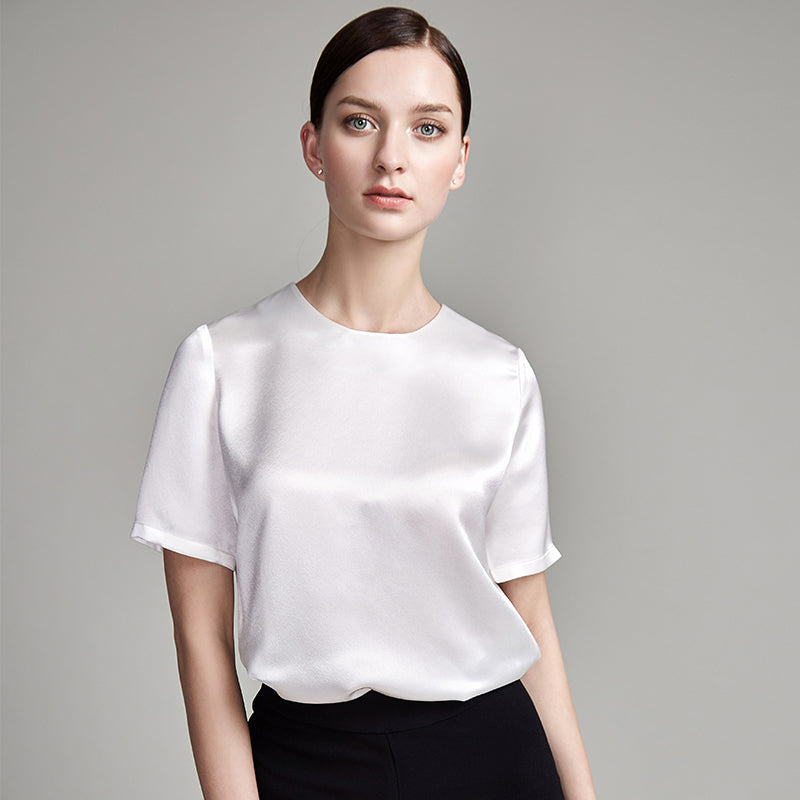 22 Momme Women's Round Neck Basic Silk T-Shirt - Image 7