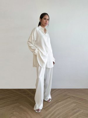 Oversized Silk Pajama Set for Women Relaxed Button-Down Shirt & Wide-Leg Pants LSP038